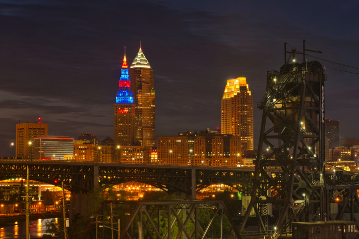 Downtown Cleveland Ohio glows in early evening from a vantage point on the near west side